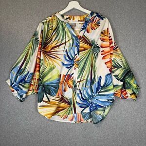 Chicos Womens 1 US Medium Palm Print Blouse Balloon Sleeves V-Neck Tropical